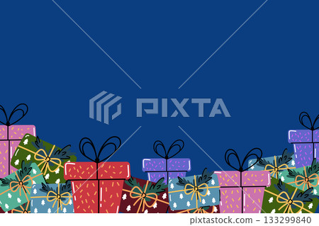 Vector winter background with gift boxes and ribbons at the bottom and space for text above. Festive frame for greeting cards, invitations, or New Year banners. Vector winter background with gift boxes and ribbons at the bottom and space for text above. Festive frame for greeting cards, invitations, or New Year banners. 133299840