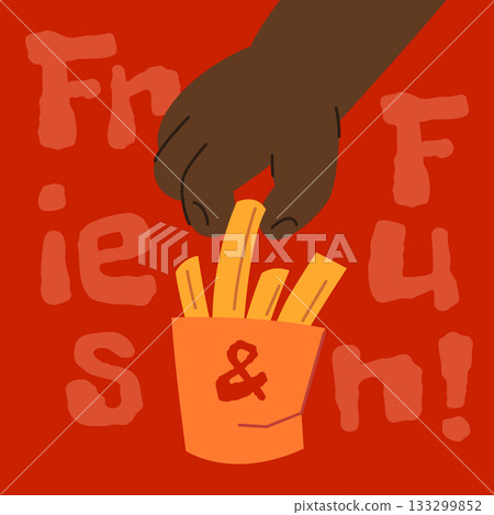 Hand of black kid take french fries chips on red background. Vector illustration 133299852