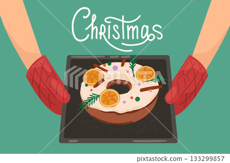 Hands holding tray with Christmas pudding and festive decorations holiday baking vector illustration 133299857