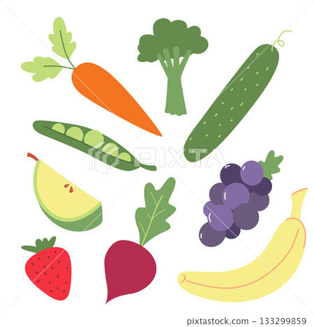 Fresh vegetables and fruits set with carrot, broccoli, cucumber, banana, strawberry, grapes and peas. Healthy food hand-drawn vector illustration. Fresh vegetables and fruits set with carrot, broccoli, cucumber, banana, strawberry, grapes and peas. Healthy food hand-drawn vector illustration. 133299859