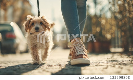 Small fluffy dog walking on leash beside owner in casual sneakers on sunny autumn street with bokeh background creating warm lifestyle moment 133299898