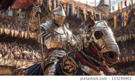 Medieval knight in shining armor mounted on armored horse raising sword victoriously before cheering crowd at historical tournament joust competition 133299901