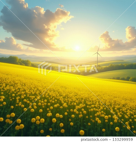 Bright yellow fields and wind turbine at sunset in nature Generative AI Bright yellow fields and wind turbine at sunset in nature Generative AI 133299959