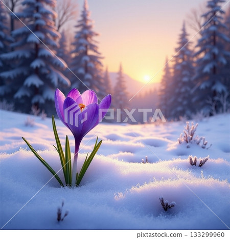 Crocus blooming in snow at sunrise in a winter landscape Generative AI 133299960
