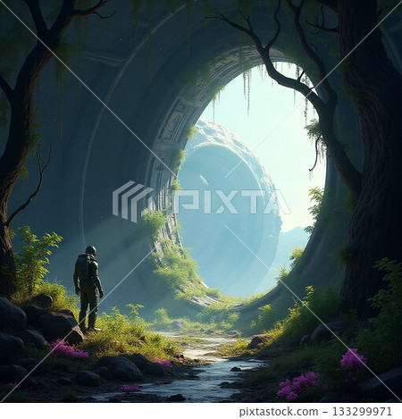 Exploring a mysterious portal in a lush, vibrant landscape Generative AI 133299971