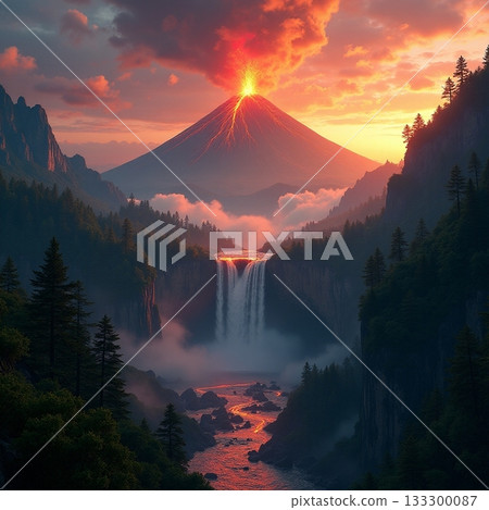 Majestic volcano erupts at sunset surrounded by nature Generative AI 133300087