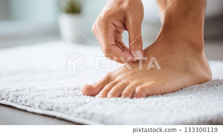 Person scratching itchy foot with hand while sitting on soft carpet at home showing common skin irritation or allergic reaction requiring attention 133300119