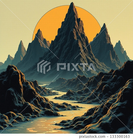 Majestic mountain landscape with sunset reflections on water Generative AI 133300163