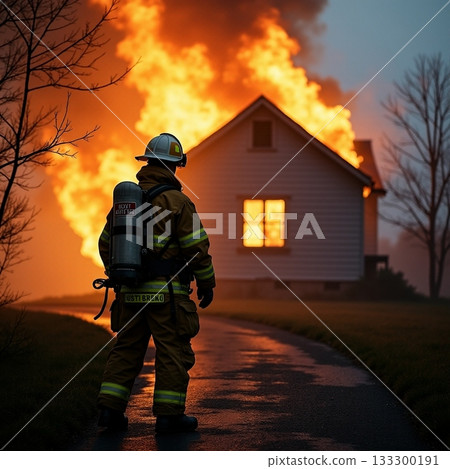 Firefighter battling flames at a house in danger Generative AI 133300191