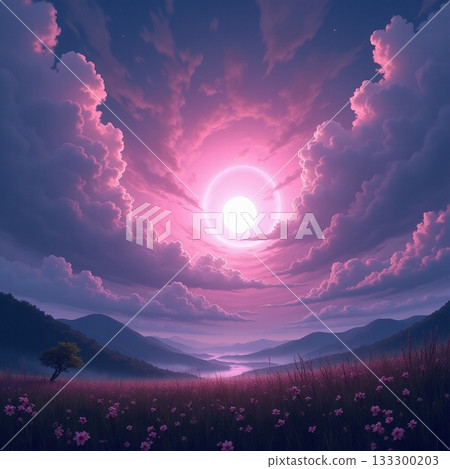 Vibrant sunset illuminates serene mountain landscape Generative AI 133300203