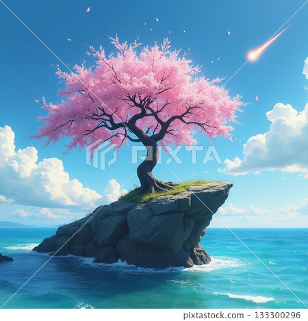 Blossoming pink tree on rock by ocean under blue sky Generative AI 133300296