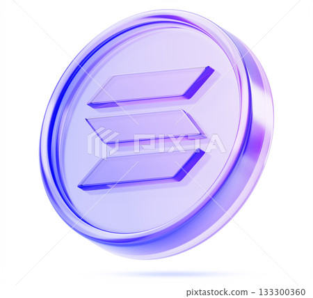 Glass holographic Solana crypto coin 3d render icon. SOL token with purple neon gradient, digital currency, electronic money for cryptocurrency exchange market. Blockchain technology. 3D illustration 133300360