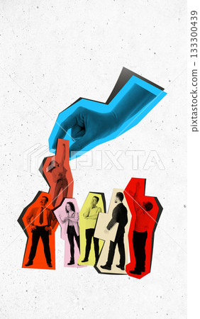 Digital artwork of giant hand selecting confident businesswoman from diverse standing group 133300439