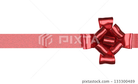 Red Metallic Gift Bow on Ribbon PNG image 3D render. Red Metallic Gift Bow on Ribbon PNG image 3D render. 133300489