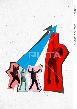 Energetic collage of business group pushing giant arrow upward with excitement 133300490