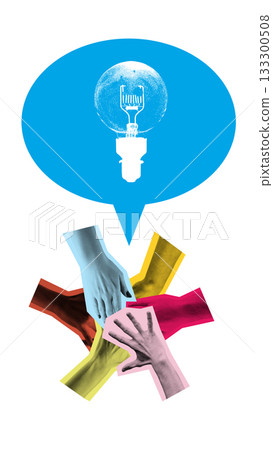 Clean graphic composition of hands joining under bright idea symbol 133300508