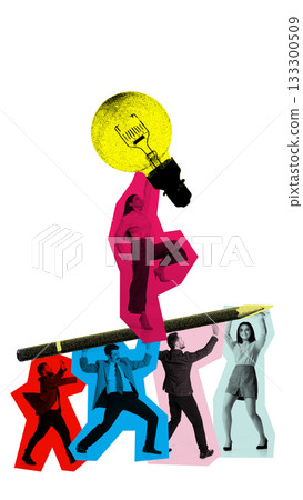 Expressive poster of businesswoman balancing lightbulb idea supported by team Expressive poster of businesswoman balancing lightbulb idea supported by team 133300509