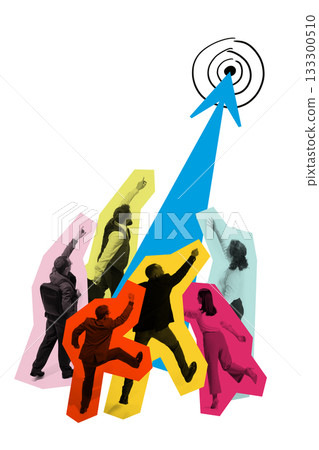Ambitious artwork of team reaching toward target with bold arrow path 133300510