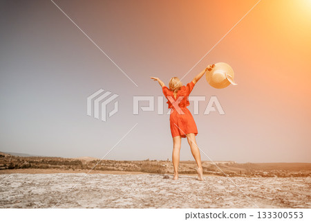 Woman in Red Dress Admiring the View Woman in Red Dress Admiring the View 133300553