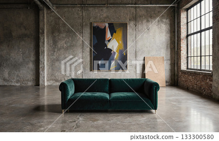 Furniture Design Showroom. A vast, loft-like space with a single, sculptural sofa in deep green velvet isolated on a polished 133300580