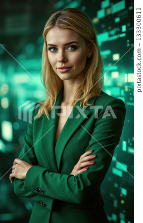 A blonde businesswoman in emerald green, arms crossed, surrounded by cascading lines of data and glowing stars, representing visionary leadership 133300611