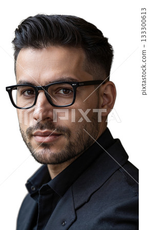 A Hispanic male entrepreneur with short, styled hair and classic glasses, his intense, confident stare framed by radiant lines, symbolizing 133300613