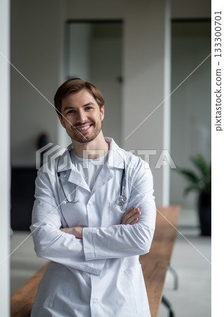 Young physician confident standing with stethoscope 133300701