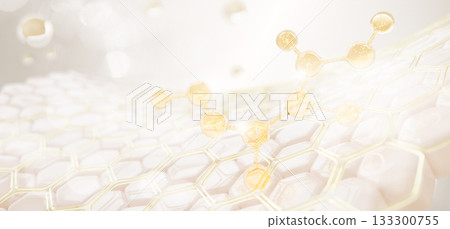 3d skin layer with hexagon cell pattern and molecule with gold particles. Liquid yellow honeycomb texture, castor oil serum, collagen gel, honey shampoo. Cosmetic bg with bokeh effect. 3D illustration 133300755