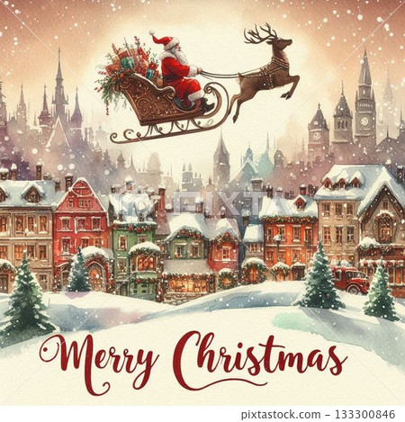 Christmas card of a snowy town and Santa flying through the sky Christmas card of a snowy town and Santa flying through the sky 133300846