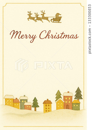 一張聖誕卡，描繪了白雪皚皚的小鎮和在空中飛翔的聖誕老人。 133300853