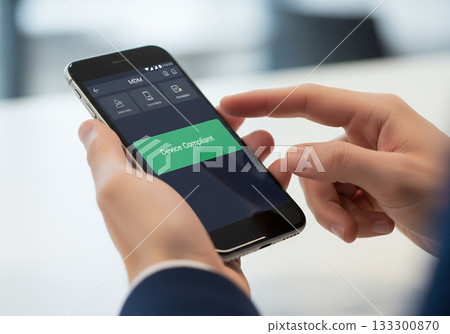 Checking an application on a handheld mobile device, the screen shows the 'Device Compliant' message. The app may relate to compliance or mobile device management 133300870