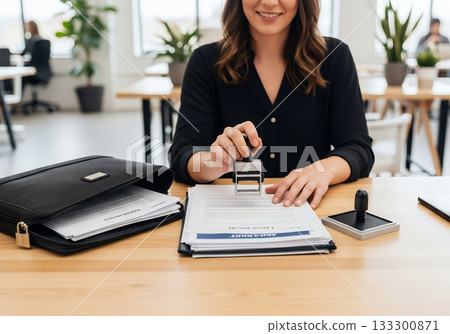 A professional woman is stamping paperwork as part of her office duties, ensuring compliance with the agreement in the document process 133300871