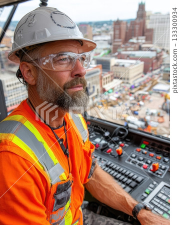 An experienced construction worker, wearing safety glasses and a hard hat, operates the controls while overseeing a busy construction site in an urban setting 133300934