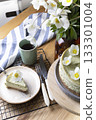 beautiful, appetizing mint cheesecake decorated with flowers 133301004