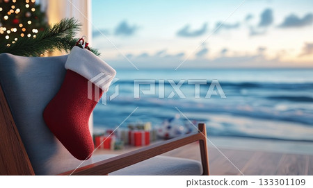 Christmas stocking hanging on beach chair, ocean view . 133301109