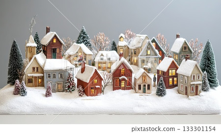 Christmas village scene with tiny houses, snow-covered streets . Christmas village scene with tiny houses, snow-covered streets . 133301154