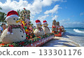 Christmas-themed beach parade, sand snowmen, festive floats, ocean view . 133301176