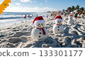 Christmas-themed beach parade, sand snowmen, festive floats, ocean view . 133301177