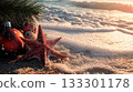 Christmas-themed beach party, festive decorations, ocean waves . 133301178