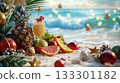 Christmas-themed beach picnic, tropical fruits, ocean waves . 133301182