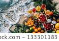 Christmas-themed beach picnic, tropical fruits, ocean waves . 133301183