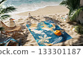 Christmas-themed beach towels, sand snowmen, ocean view . 133301187