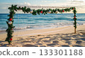 Christmas-themed beach volleyball net, ocean backdrop . 133301188