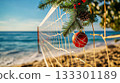 Christmas-themed beach volleyball net, ocean backdrop . 133301189