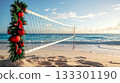 Christmas-themed beach volleyball net, ocean backdrop . 133301190