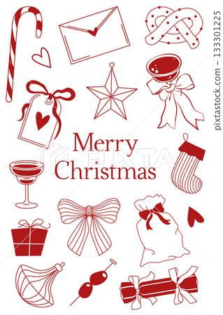 Hand-drawn Christmas greeting card with bows, gifts, candy and drinks and Christmas stockings Hand-drawn Christmas greeting card with bows, gifts, candy and drinks and Christmas stockings 133301225