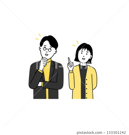 Illustration of a man and woman who have received inspiration (idea, realization, explanation, business scene) 133301242