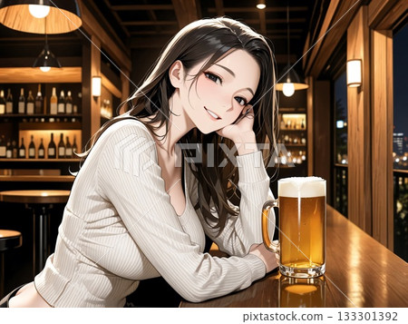 A woman drinking beer at a bar counter 133301392