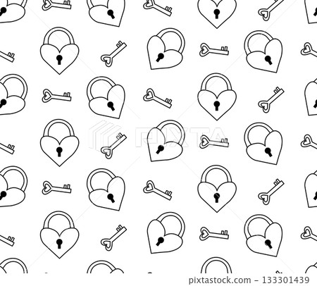 heart-shaped keys and locks Valentine's Day seamless pattern. Vector graphic line black and white illustration. For t-shirt printing, web design, beauty salons, posters, logo creation. heart-shaped keys and locks Valentine's Day seamless pattern. Vector graphic line black and white illustration. For t-shirt printing, web design, beauty salons, posters, logo creation. 133301439