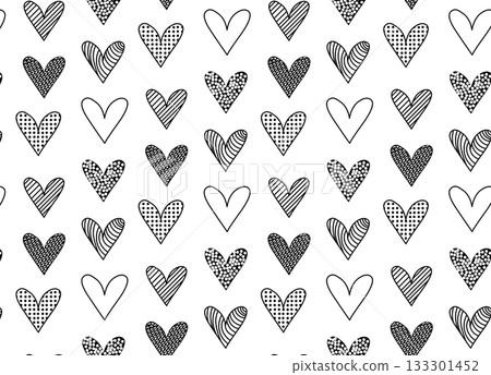 Valentine's Day seamless pattern. Vector graphic line black and white illustration. Silhouette sign for logo, print, comics, fashion, pop art, boards, design, stickers, decoration, posters Valentine's Day seamless pattern. Vector graphic line black and white illustration. Silhouette sign for logo, print, comics, fashion, pop art, boards, design, stickers, decoration, posters 133301452